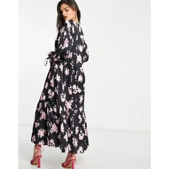 ASOS Satin Floral Oversized Dress Size 10 Black Multicolored - Picture 4 of 10